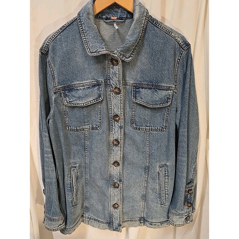 Free People Denim Jean Jacket Distressed Trucker Moto Womens L Y2K Boho - Picture 2 of 6